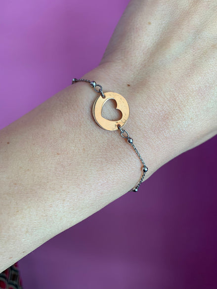 Second life - Bracciale Argento 925 catena rosario oro e doppio inserto cuore oro rosa