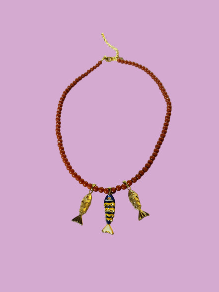 Collana POISSONS - Corallo rosso mm 4 - chiusura argento 925 - cm 45 chrams pesciolini