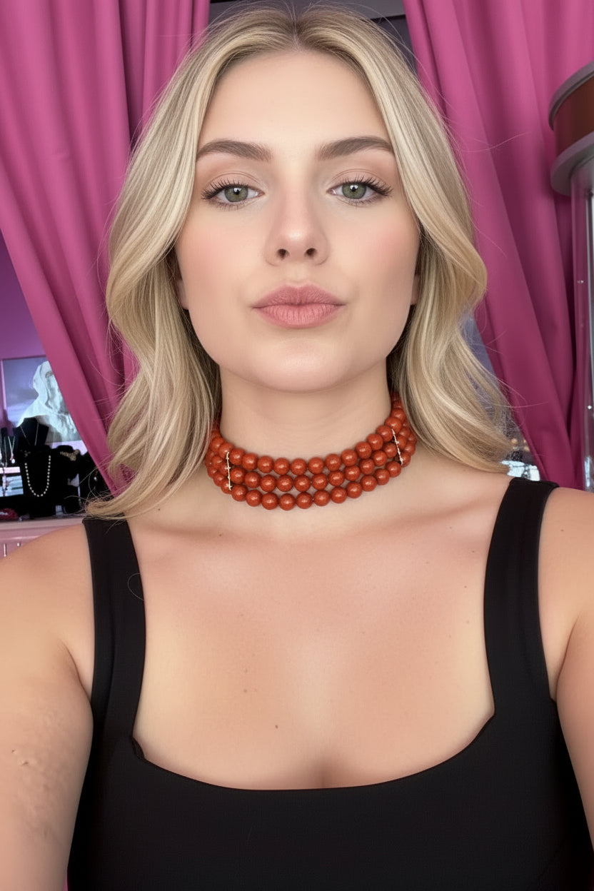 INCANTEVOLE -  3 giri   Chocker flessibile corallo rosso con argento 925