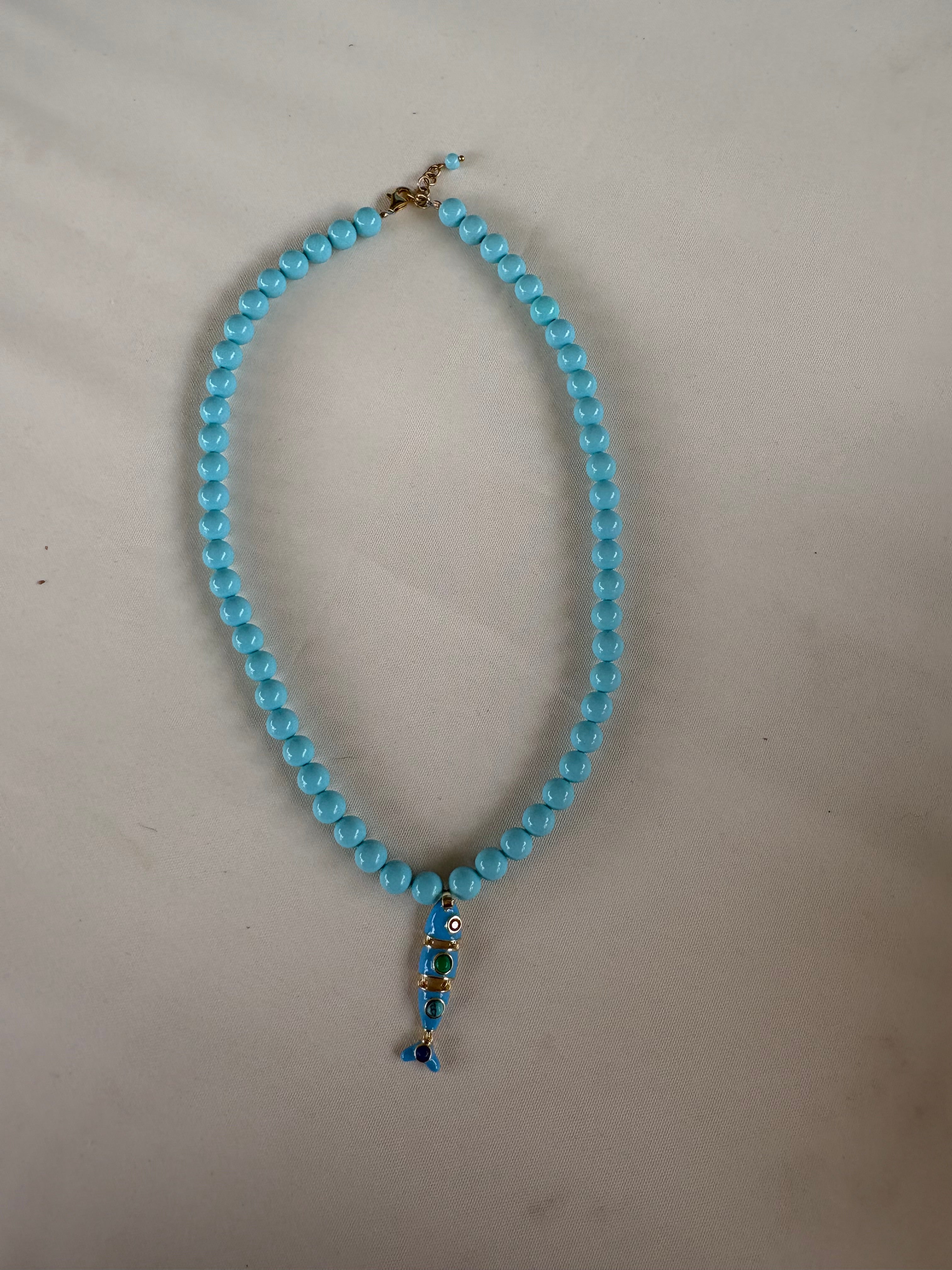 Collana OCEANO - Turchese  mm 8 - chiusura gioiello argento 925 - cm 45  pesce snodato smalto turchese