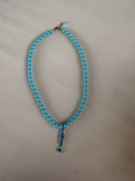 Collana OCEANO - Turchese  mm 8 - chiusura gioiello argento 925 - cm 45  pesce snodato smalto turchese