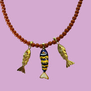 Collana POISSONS - Corallo rosso mm 4 - chiusura argento 925 - cm 45 chrams pesciolini