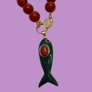 Collana MEDITERRANEA - Corallo rosso   mm 10 - chiusura gioiello argento 925 - cm 60 - pesce smalto verde