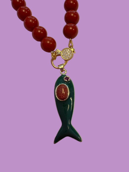 Collana MEDITERRANEA - Corallo rosso   mm 10 - chiusura gioiello argento 925 - cm 60 - pesce smalto verde
