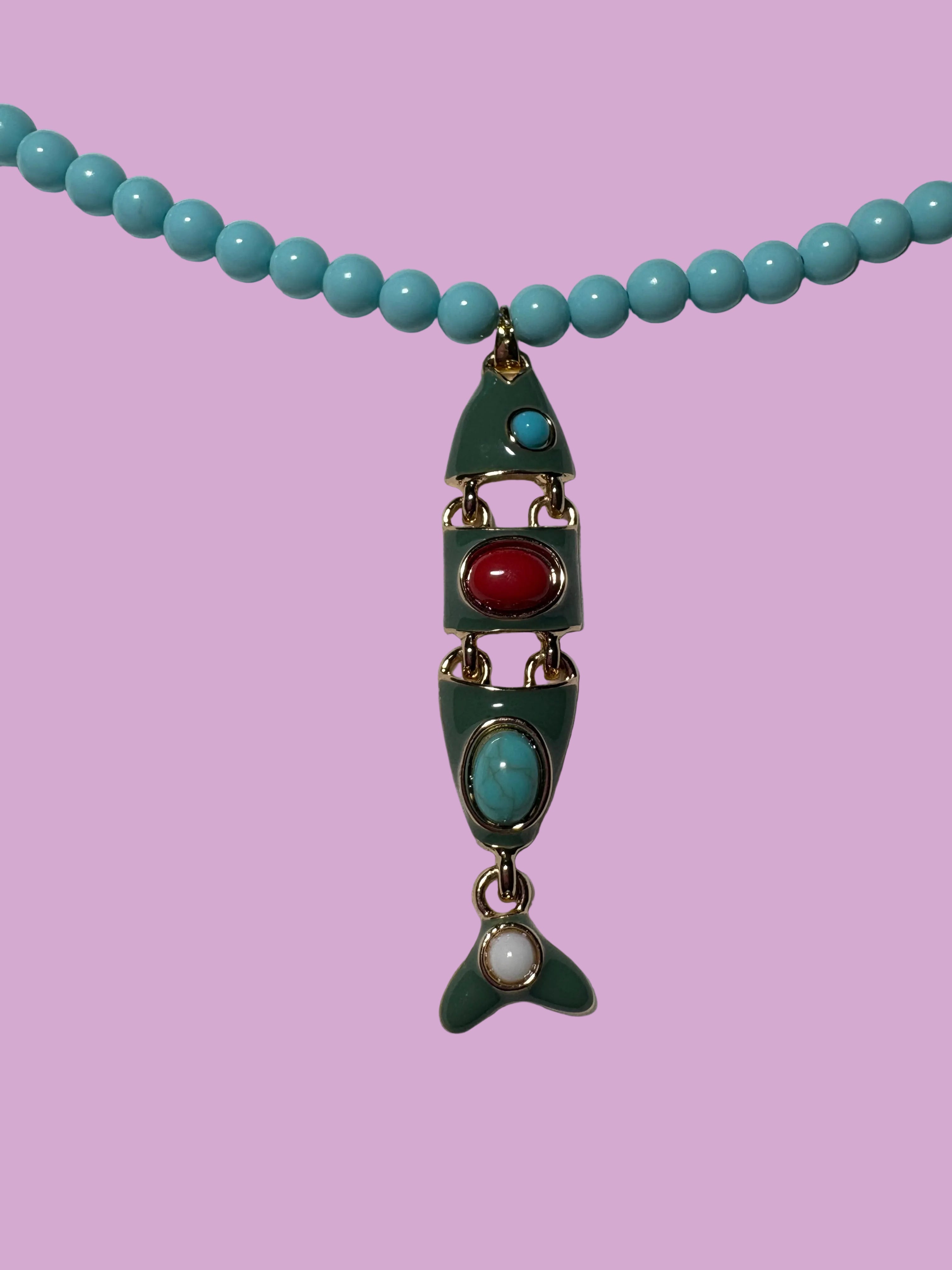 Collana POISSONS - turchese mm 6- chiusura argento 925 -  pesciolino snodato smaltato