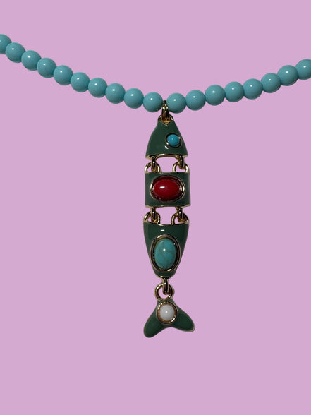 Collana POISSONS - turchese mm 6- chiusura argento 925 -  pesciolino snodato smaltato