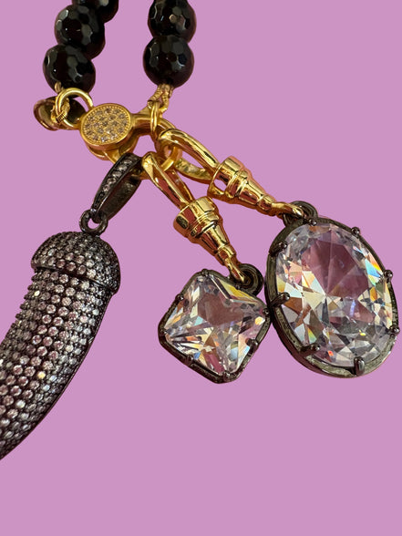 Collana TALISMANI - black - ONICE  mm 8 - chiusura gioiello argento 925 - cm 60 - 3 charms Corno e Luce