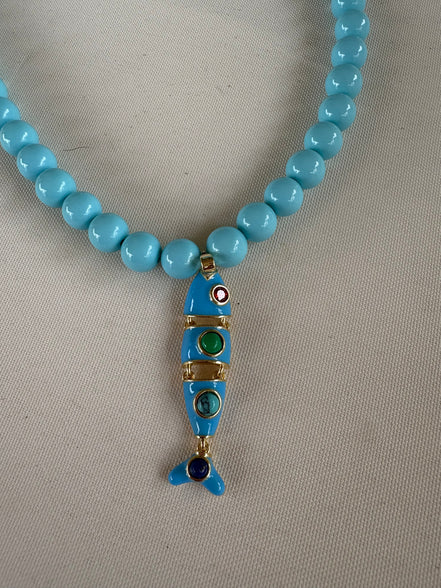 Collana OCEANO - Turchese  mm 8 - chiusura gioiello argento 925 - cm 45  pesce snodato smalto turchese