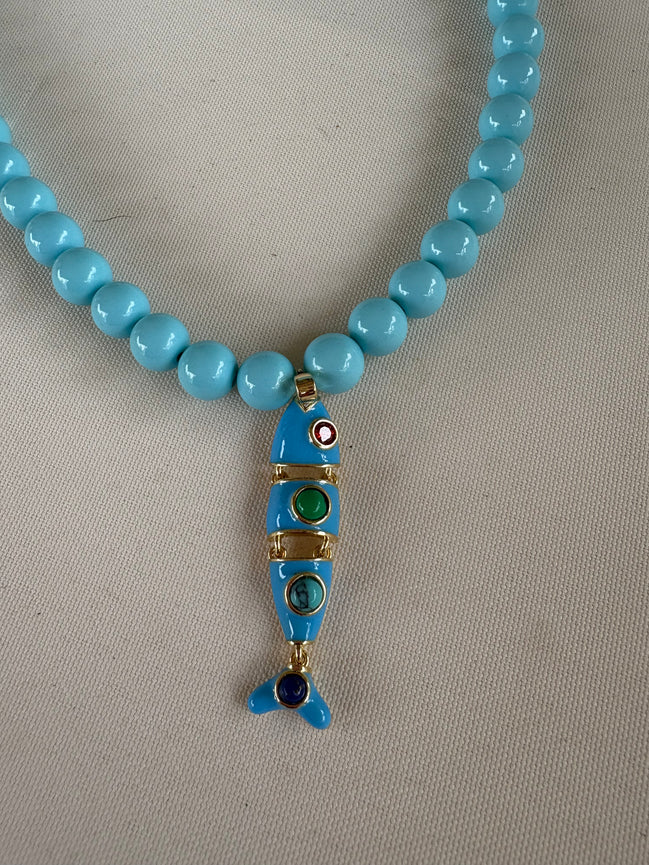 Collana OCEANO - Turchese  mm 8 - chiusura gioiello argento 925 - cm 45  pesce snodato smalto turchese