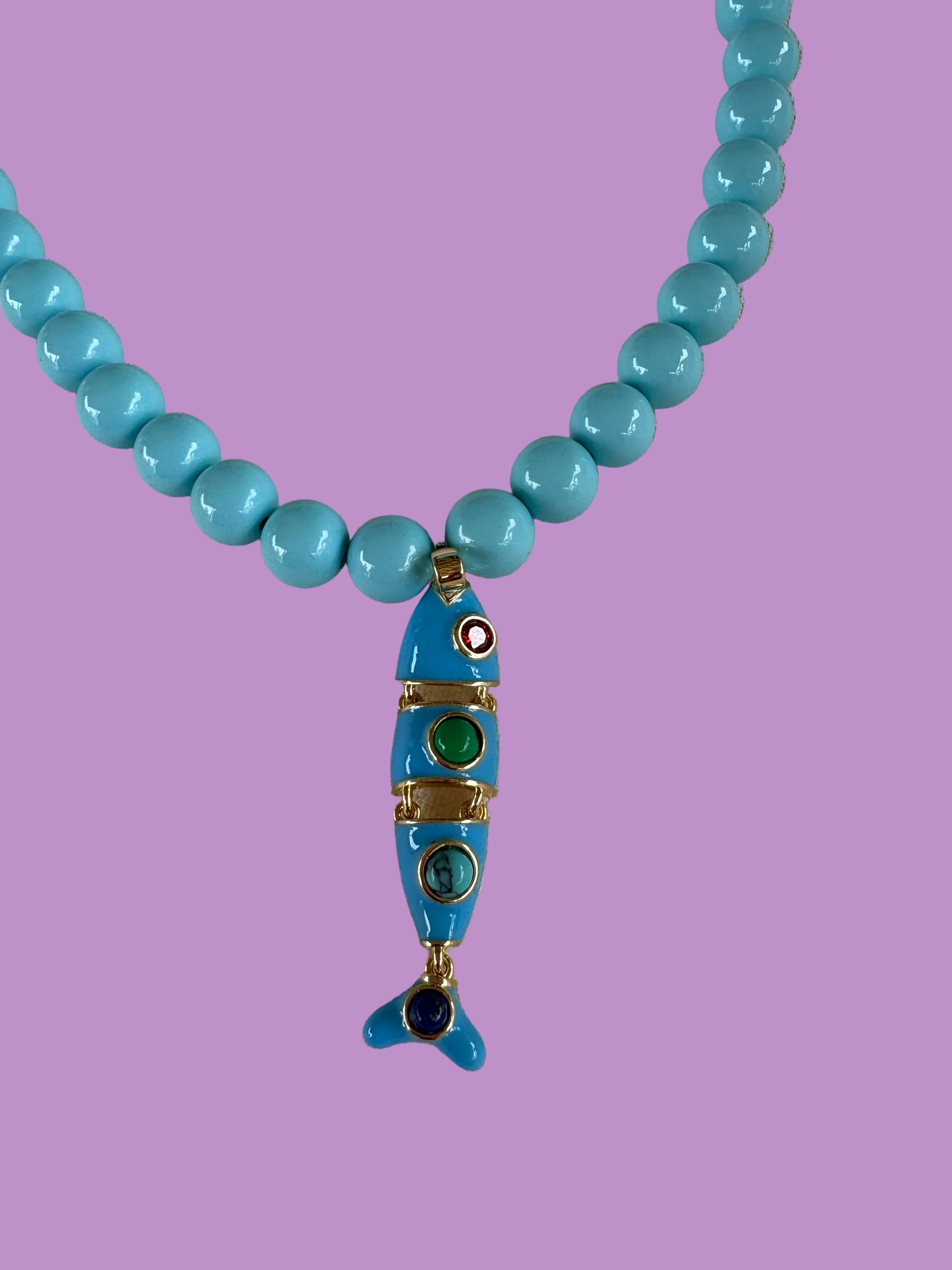 Collana OCEANO - Turchese  mm 8 - chiusura gioiello argento 925 - cm 45  pesce snodato smalto turchese