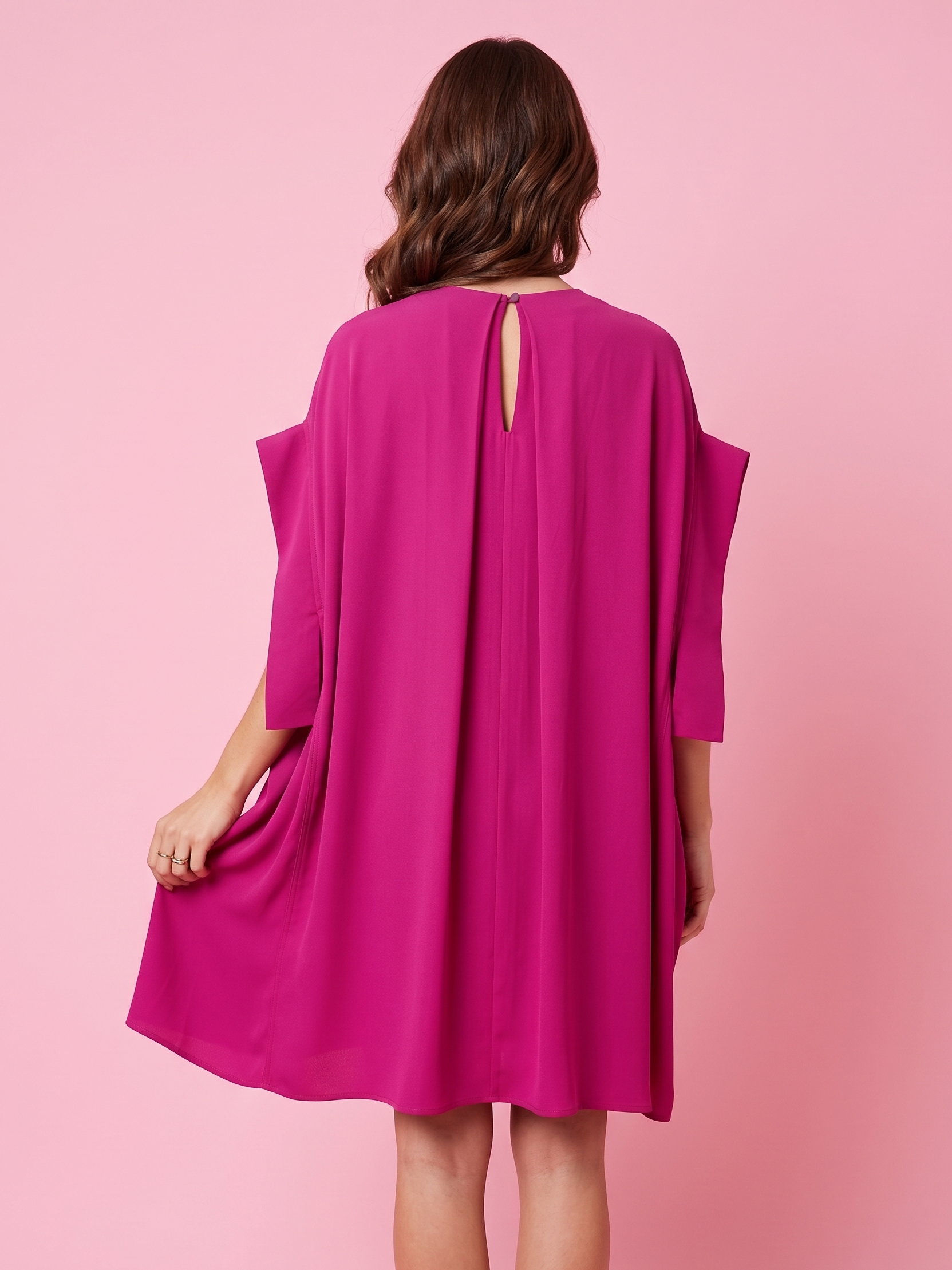 Poetica - Abito a palloncino in crepe fucsia cerimonia con maniche nastro