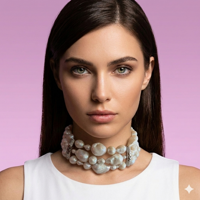 INCANTEVOLE - Chocker in argento 925 con 3 giri perle coltivate barocche