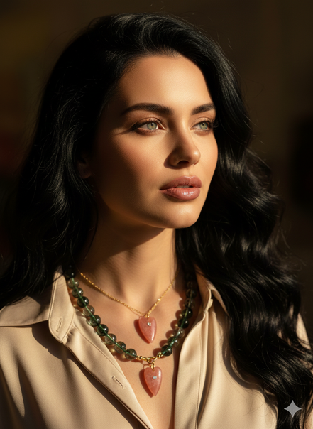 Collana JAIPUR - Quarzo fantasma verde e pendente quarzo fragola cuore