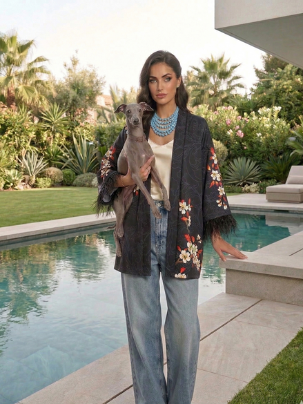 flower Kimono  - giacchina Kimono con piume struzzo