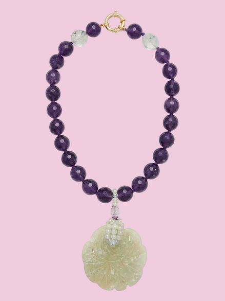 Collana Fior di Giada – Ametista, Prenite e Giada intagliata