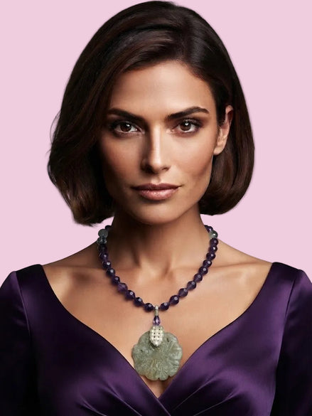 Collana Fior di Giada – Ametista, Prenite e Giada intagliata