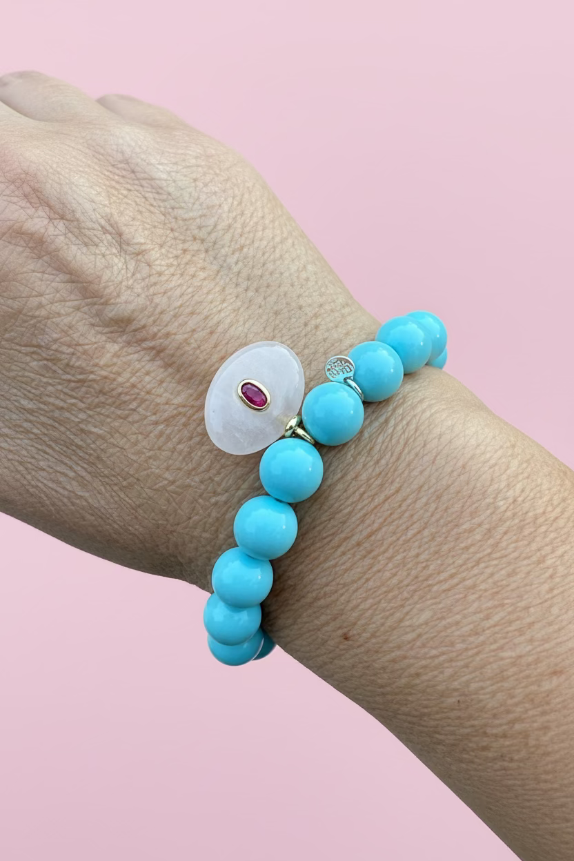 Bracciale Bisette - JAIPUR  OCEANO   turchese  con charm quarzo rosa