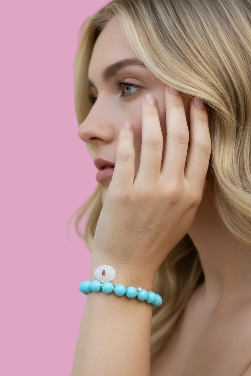 Bracciale Bisette - JAIPUR  OCEANO   turchese  con charm quarzo rosa