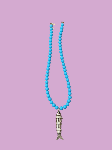 Collana POISSONS - turchese mm 8 - chiusura argento 925 -  pesciolino gold