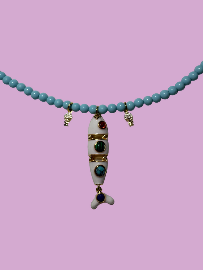 Collana POISSONS - turchese mm 4 - chiusura argento 925 -  3 pesciolini