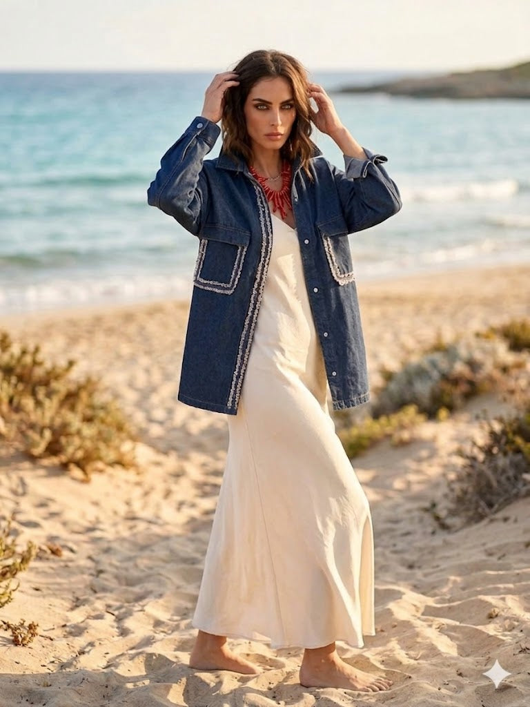 Camicia-giacca Denim- CHANELLINA camicia 100% cotone con passamaneria Couture