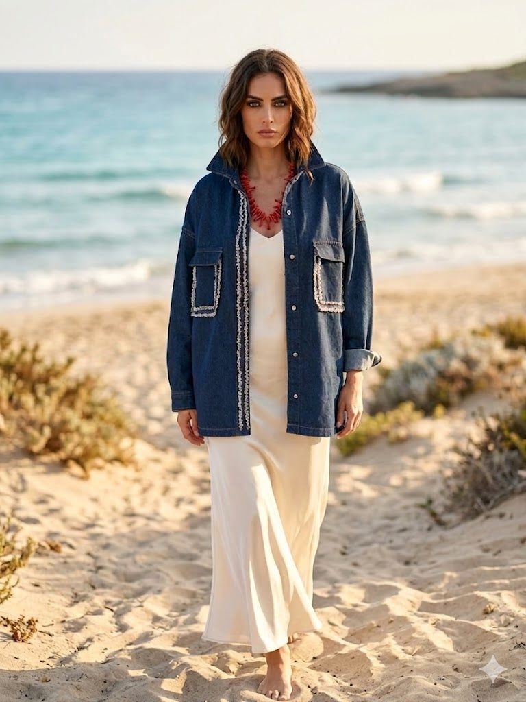 Camicia-giacca Denim- CHANELLINA camicia 100% cotone con passamaneria Couture