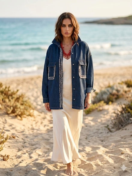 Camicia-giacca Denim- CHANELLINA camicia 100% cotone con passamaneria Couture