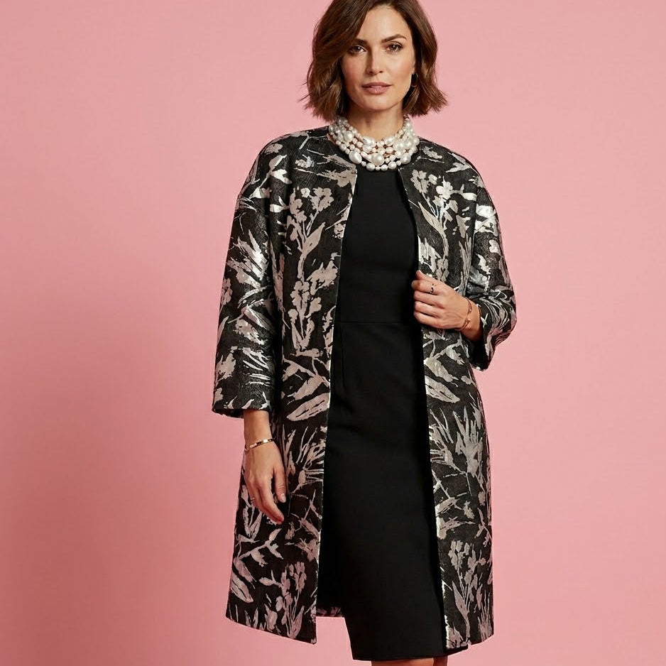 Penelope - Giacca 3/4 in broccato ramage argento e nero