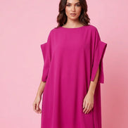 Poetica - Abito a palloncino in crepe fucsia cerimonia con maniche nastro