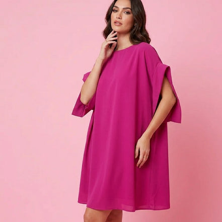 Poetica - Abito a palloncino in crepe fucsia cerimonia con maniche nastro