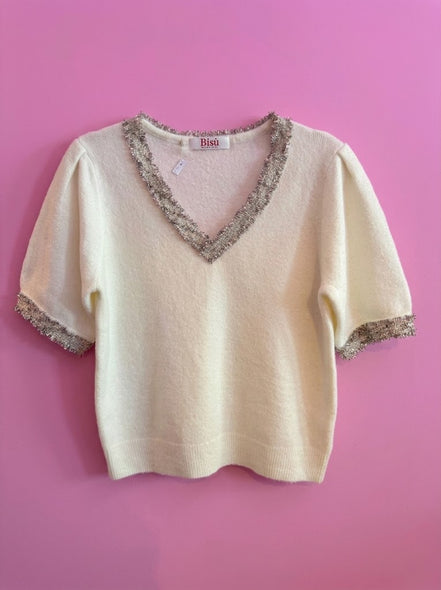 CHANELLINA Knit – Maglioncino a mezza manica con passamaneria Couture applicata a mano