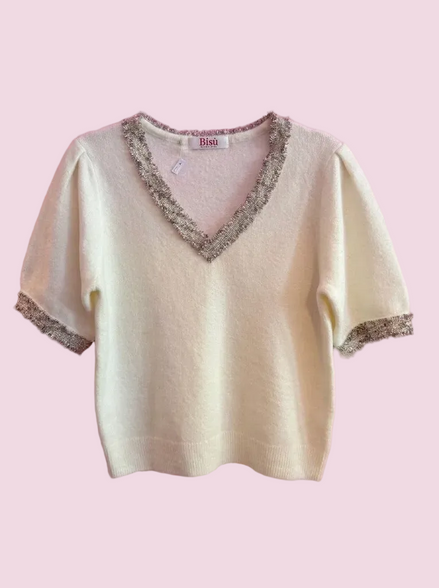 CHANELLINA Knit – Maglioncino a mezza manica con passamaneria Couture applicata a mano