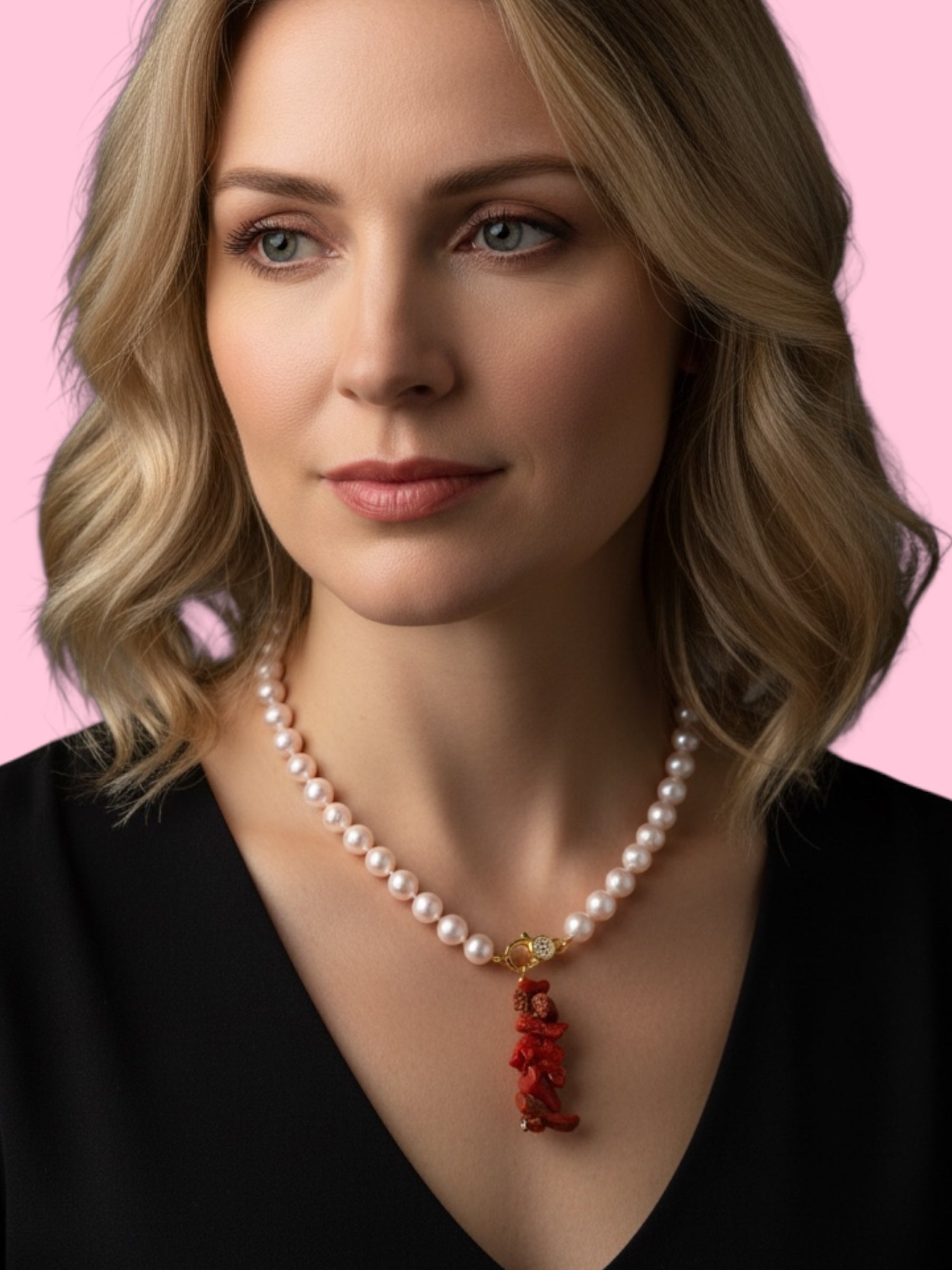 Collezione Mediterranea - Collana perle coltivate con charm corallo rosso naturale