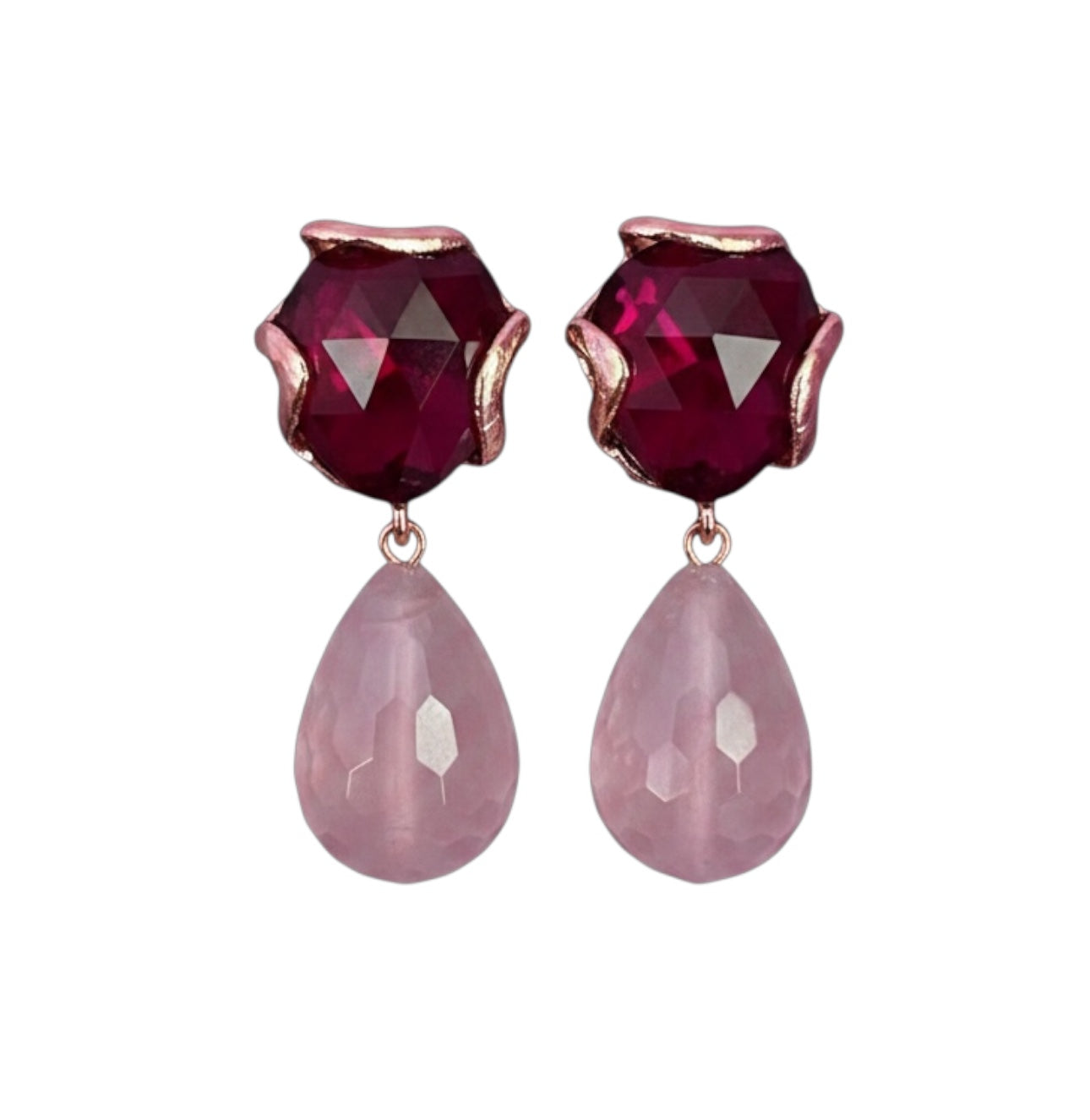 Orecchini  quarzo rosa goccia e quarzo ruby