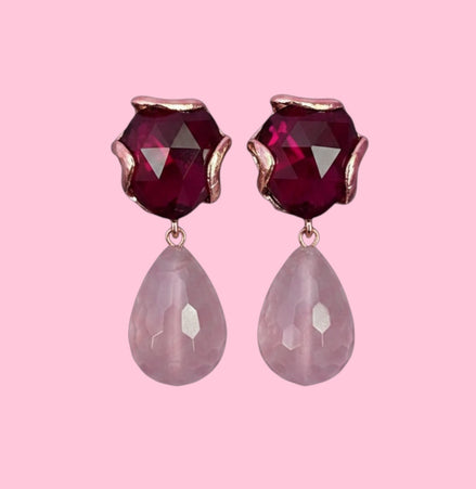 Orecchini  quarzo rosa goccia e quarzo ruby