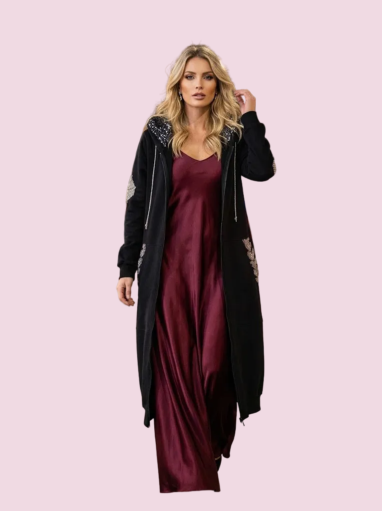 Felpa lunga Gioiello : cappottino Oversize nero con Ricami in Paillettes e Cristalli – Lusso Couture