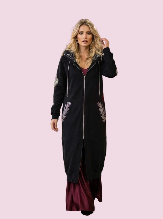 Felpa lunga Gioiello : cappottino Oversize nero con Ricami in Paillettes e Cristalli – Lusso Couture