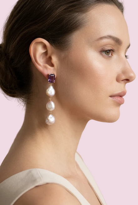 Orecchini  - 3 perle con cristalli burgundy