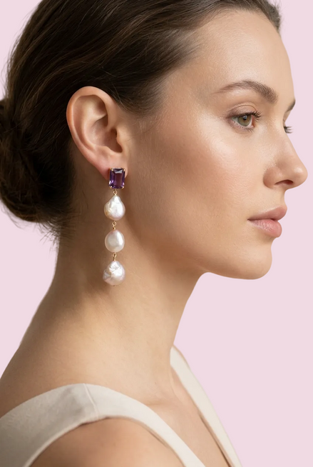 Orecchini  - 3 perle con cristalli burgundy