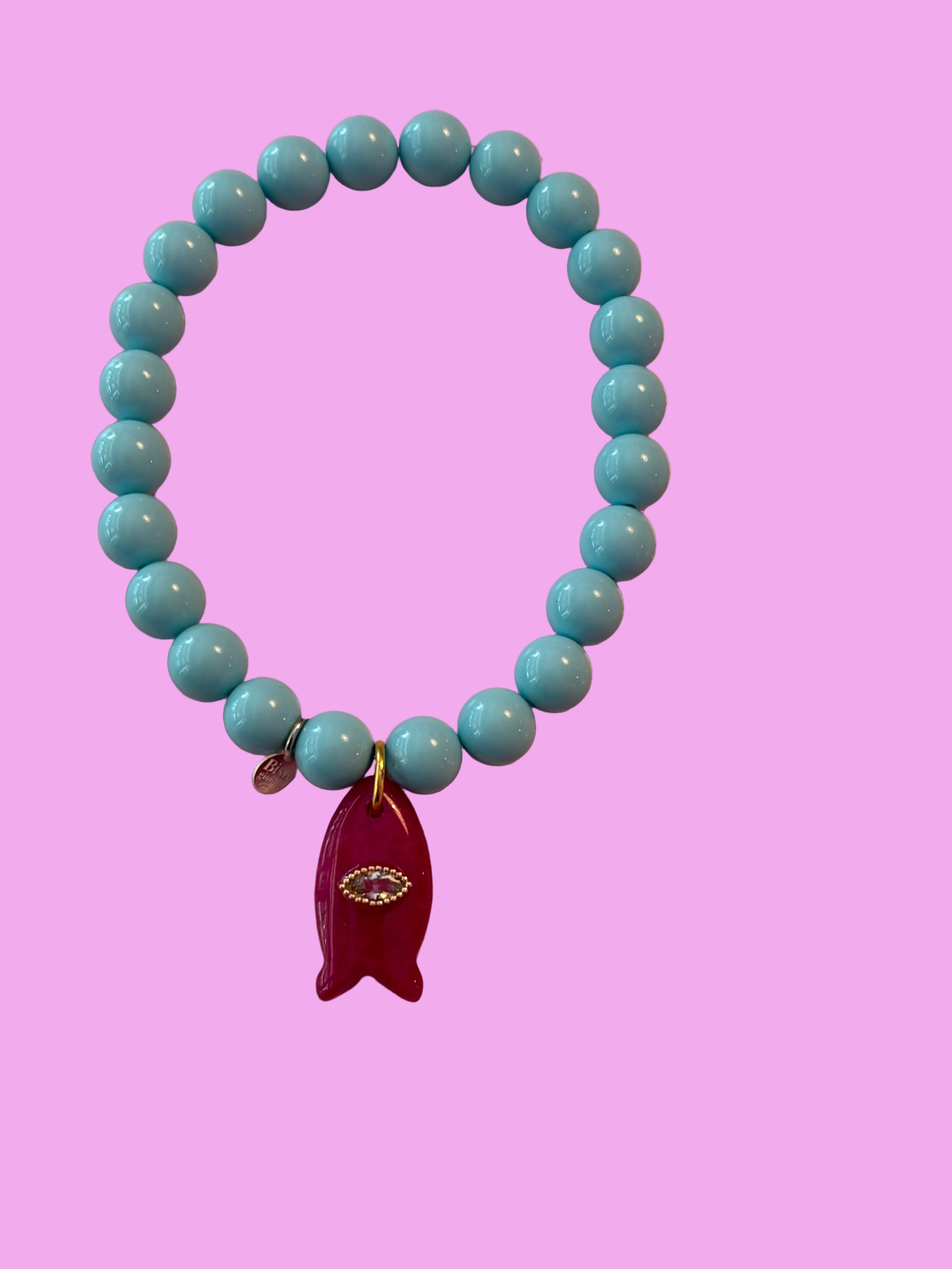 Bracciale Bisette - JAIPUR OCEANO turchese  con charm pesciolino agata fucsia