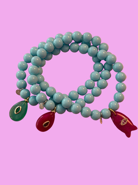 Bracciale Bisette - JAIPUR OCEANO turchese  con charm pesciolino agata fucsia