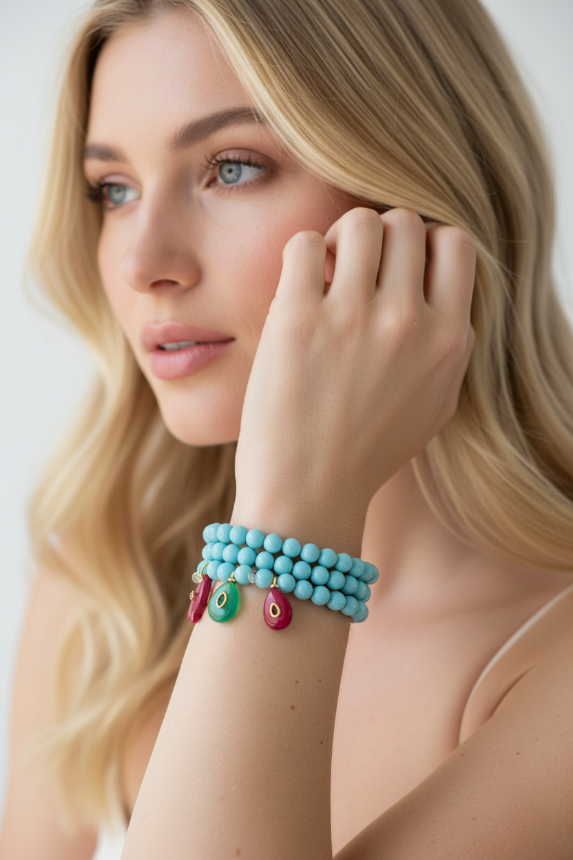 Bracciale Bisette - JAIPUR OCEANO turchese  con charm pesciolino agata fucsia
