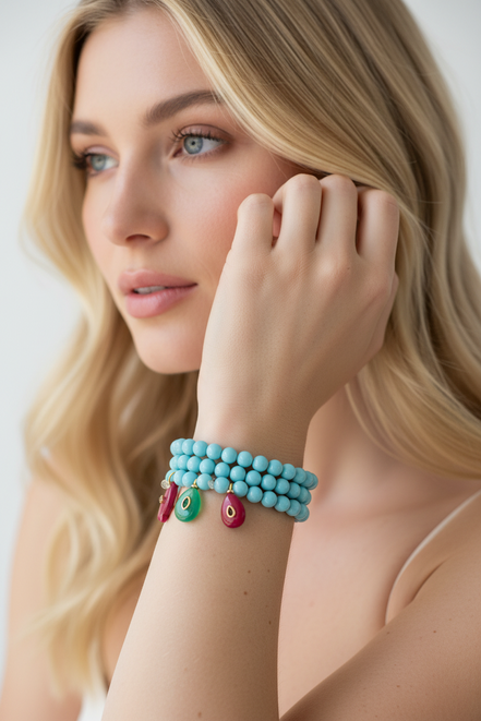 Bracciale Bisette - JAIPUR OCEANO turchese  con charm pesciolino agata fucsia