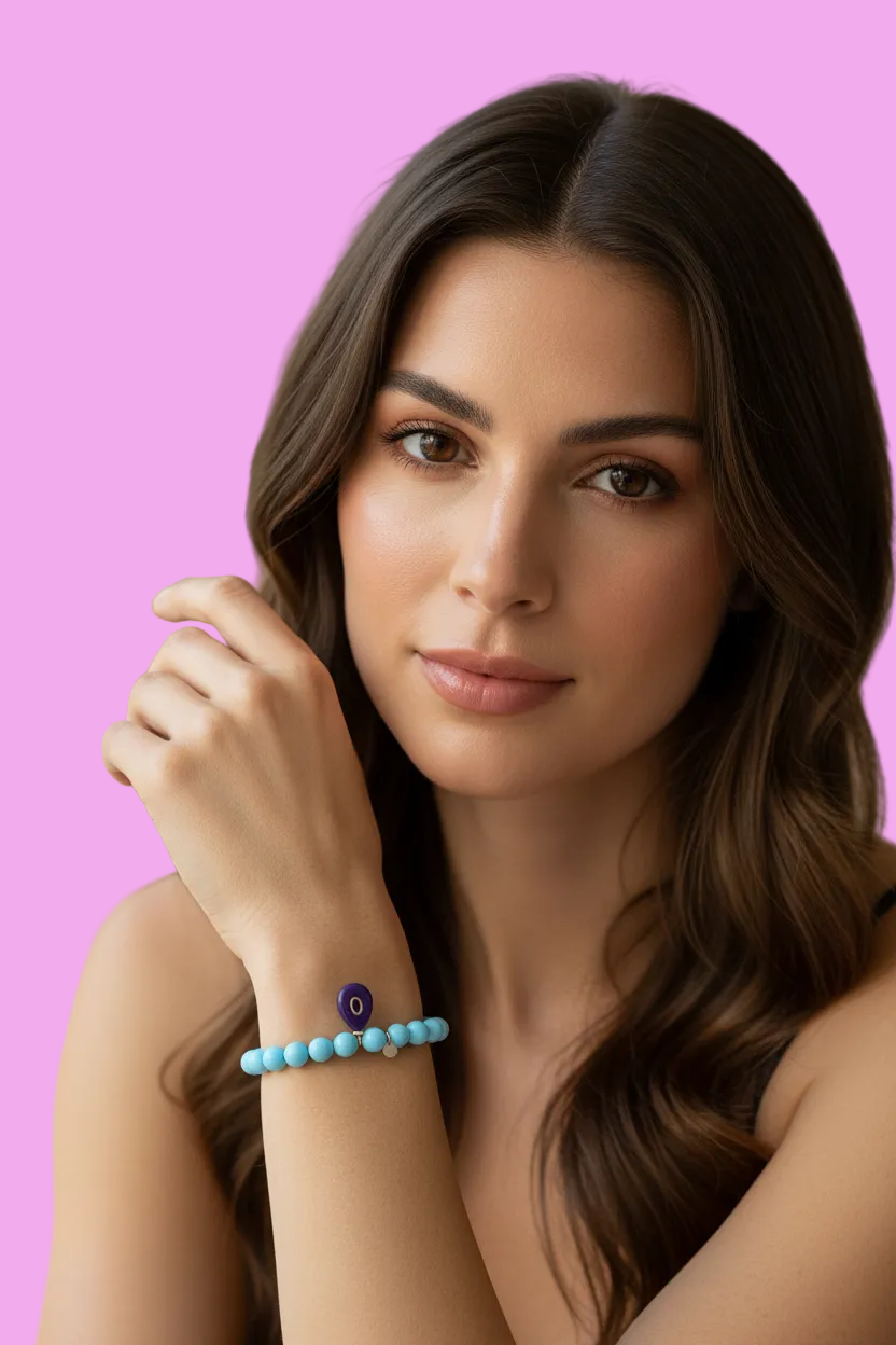 Bracciale Bisette - JAIPUR OCEANO turchese  con charm agata viola