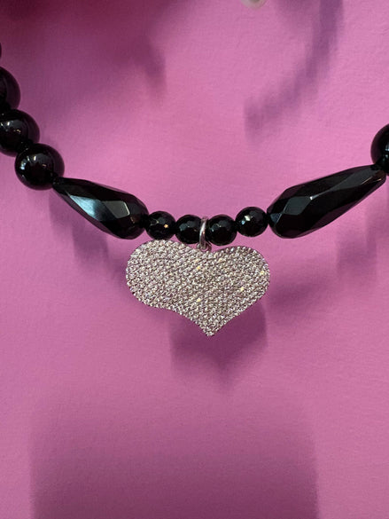 INCANTEVOLE  Chocker flessibile  in onice con cuore argento  pavé zirconi