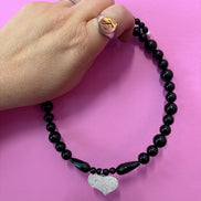 INCANTEVOLE  Chocker flessibile  in onice con cuore argento  pavé zirconi