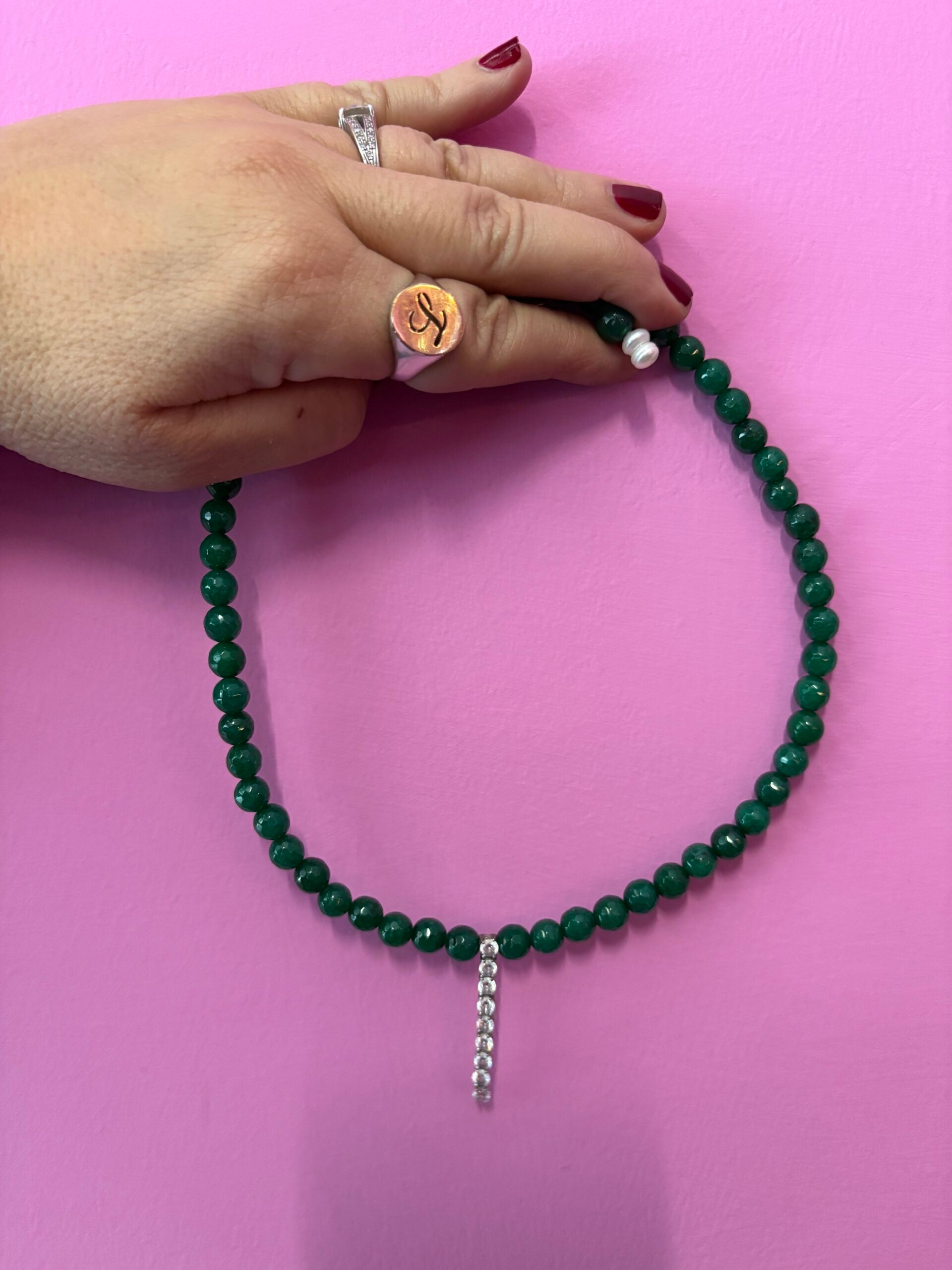 INCANTEVOLE -  Chocker flessibile   in agata verde con tennis argento