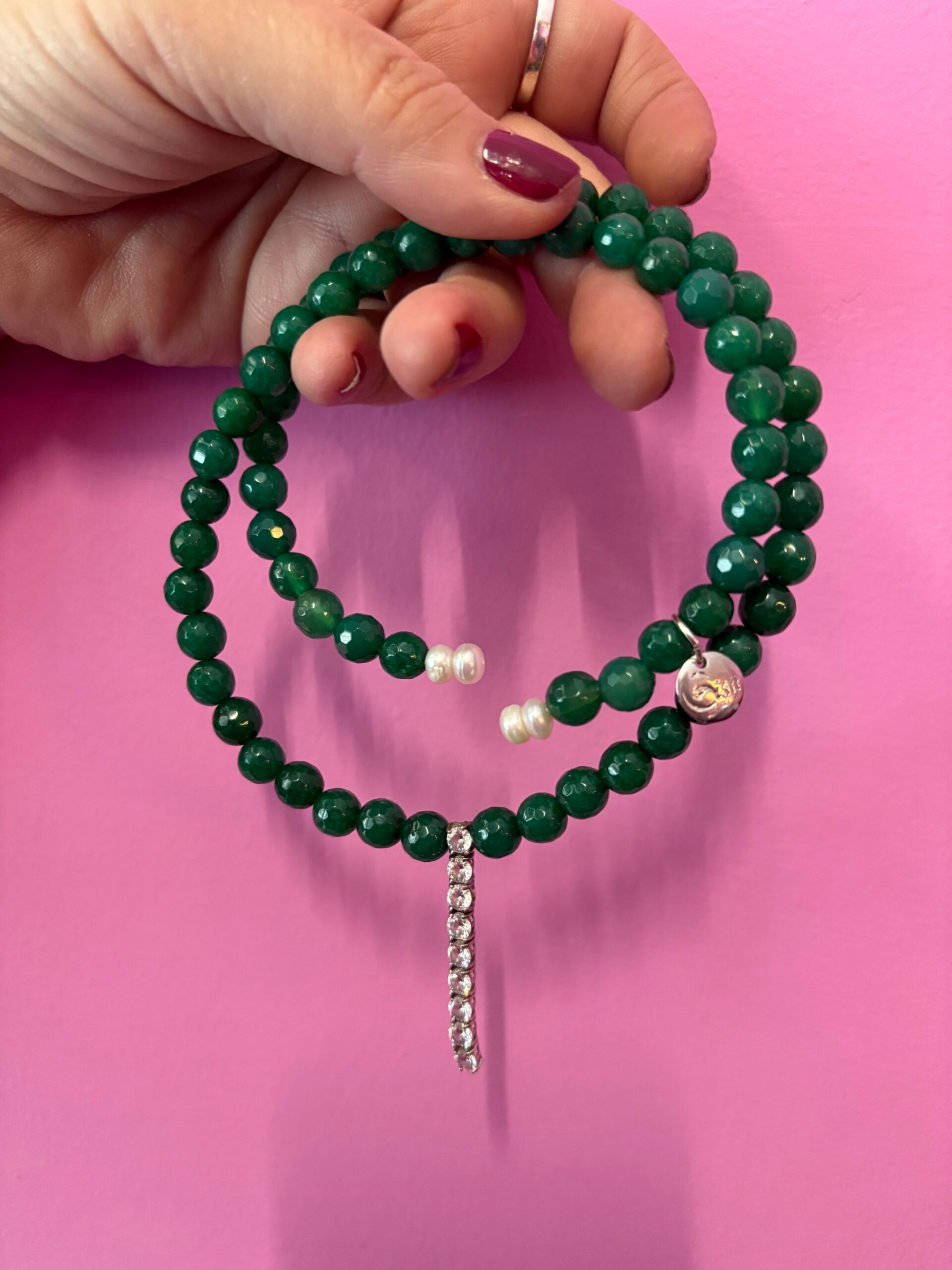 INCANTEVOLE -  Chocker flessibile   in agata verde con tennis argento
