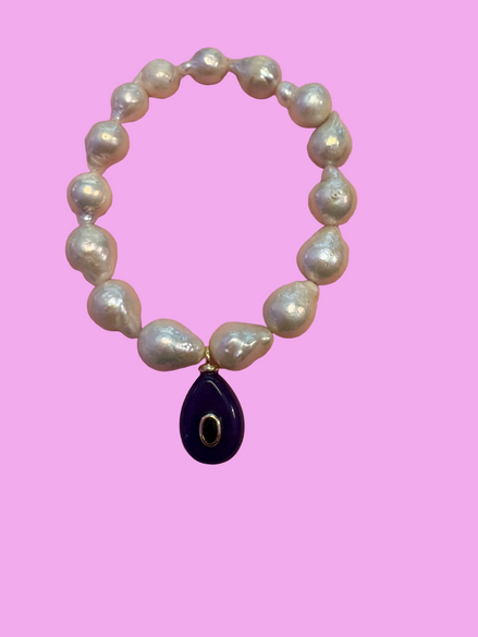 Bracciale Bisette - JAIPUR  OCEANO   Perle coltivate barocche  con charm giada viola