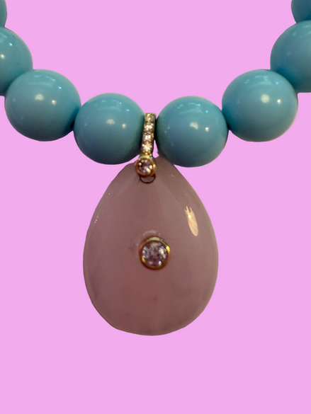 Bracciale Bisette - JAIPUR  OCEANO   turchese  con charm goccia quarzo rosa